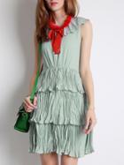 Shein Green Tie Neck Ruffle Pleated Dress