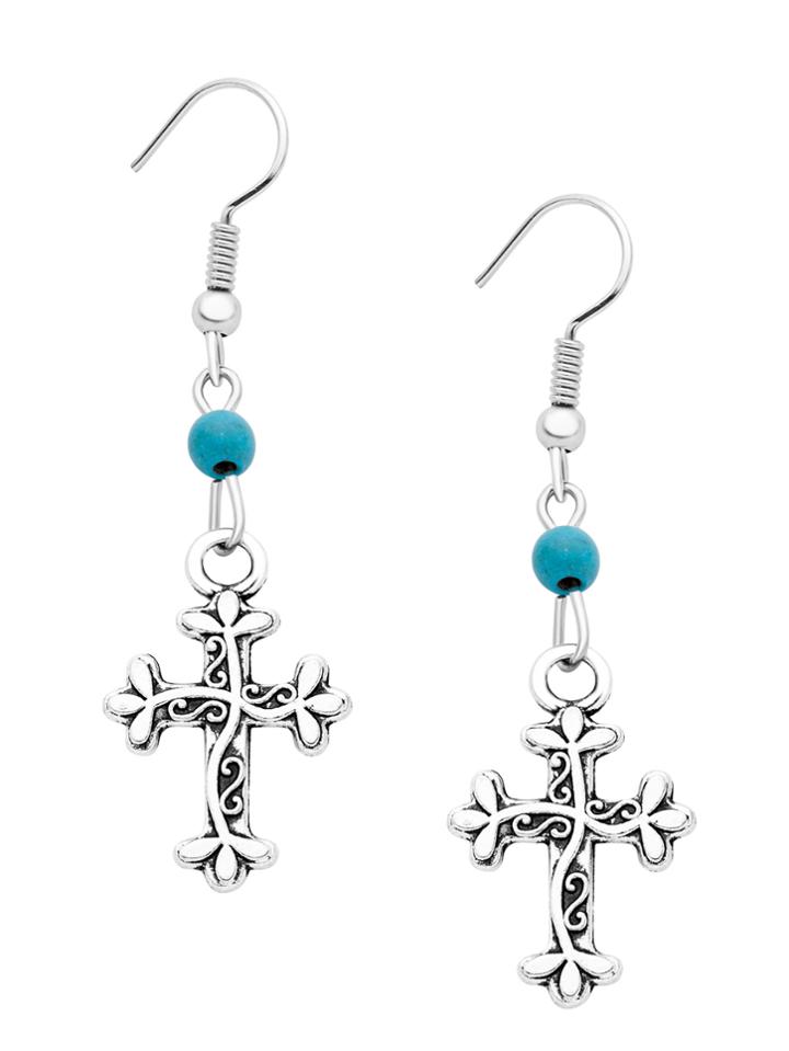 Shein Silver Plated Carved Cross Drop Earrings