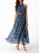 Shein Blue Leopard Print Halter Maxi Dress With Belt