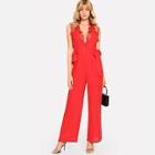 Shein Lace Insert Knot Side Plunging Jumpsuit