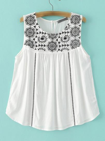 Shein White Embroidered Sleeveless Blouse