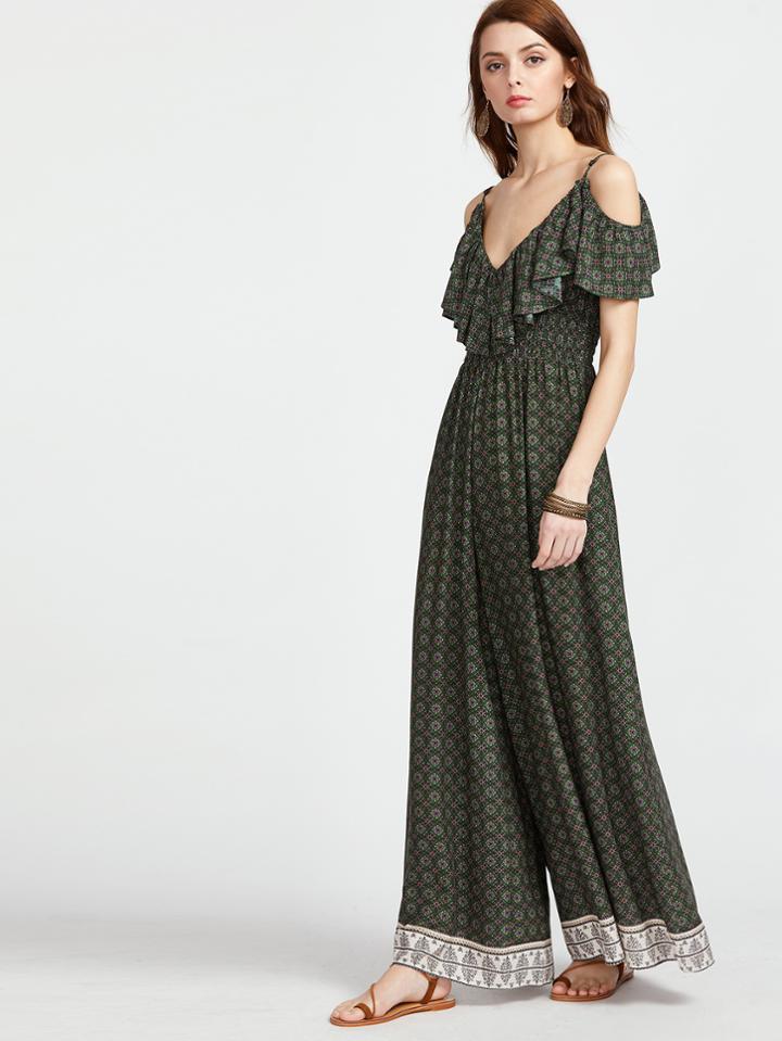 Shein Ornate Print Cold Shoulder Frilled Culotte Jumpsuit