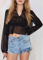 Rosewe See Through Chiffon Black V Neck Blouse