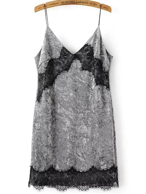 Shein Grey Spaghetti Strap Contrast Lace Velvet Dress