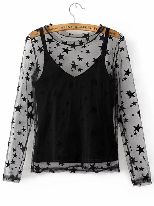 Shein Black Spaghetti Strap Velvet Cami Top With Star Pattern Sheer Top