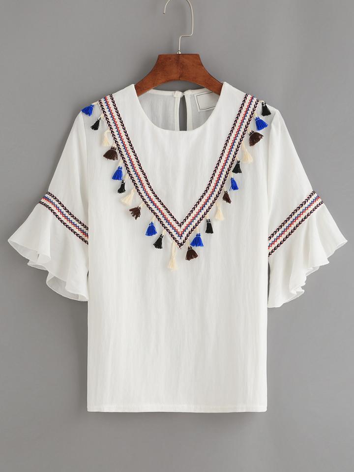 Shein Woven Tape Embesllished Fringe Ruffle Sleeve Blouse