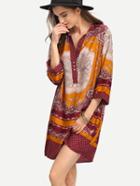 Shein Tribal Print Buttoned Placket Tunic Dress - Red