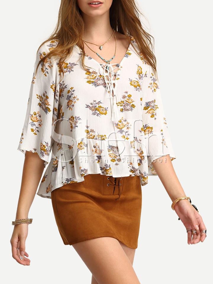 Shein Floral Print In White Ruffle Hem Blouse