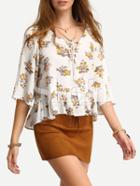Shein Floral Print In White Ruffle Hem Blouse