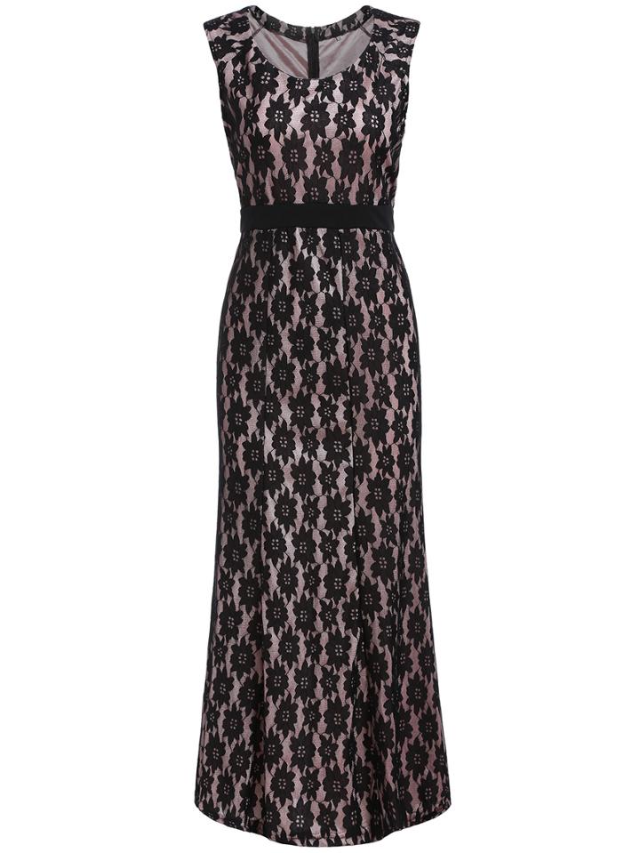 Shein Black Round Neck Evening Sleeveless Lipsy Flowy Occassions Lace Maxi Dress