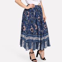 Shein Plus Flower Print Drawstring Ruffle Hem Skirt
