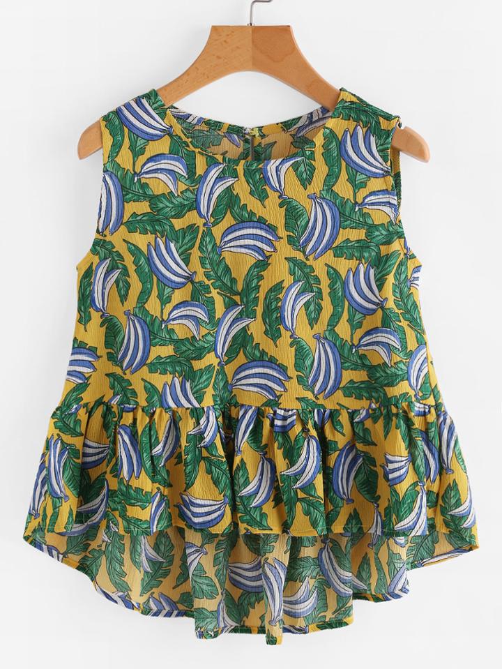 Shein Banana Leaf Print Frill Hem High Low Top