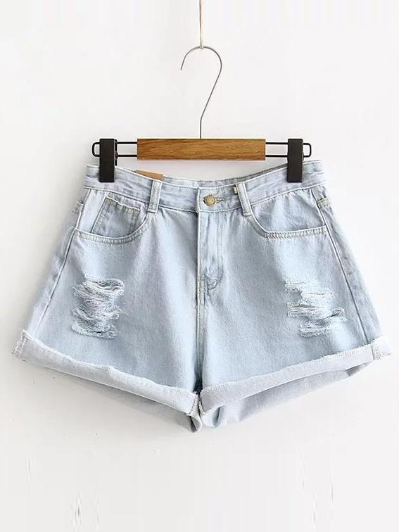 Shein Bleach Wash Rolled Hem Denim Shorts