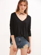 Shein Black V Neck High Low T-shirt