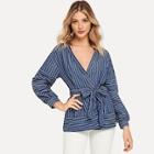 Shein Gathered Sleeve Striped Wrap Coat
