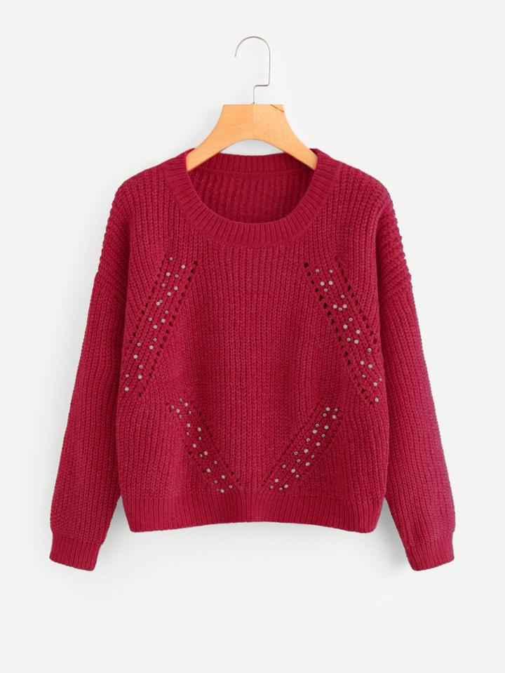 Shein Pearl Beaded Eyelet Detail Jumper