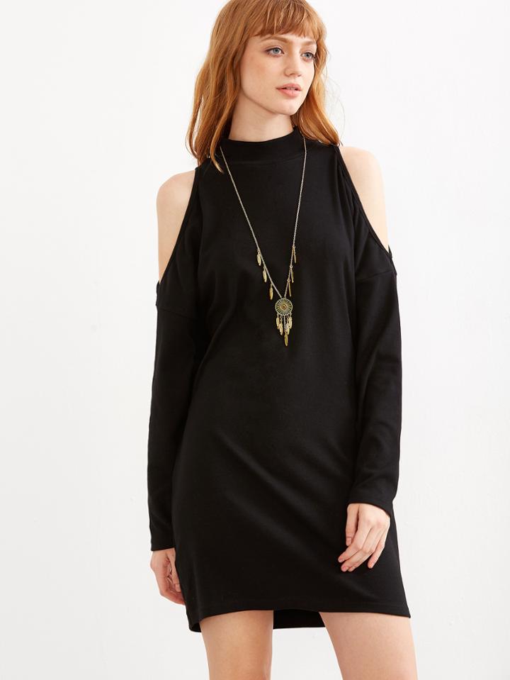 Shein Black Mock Neck Open Shoulder Dress