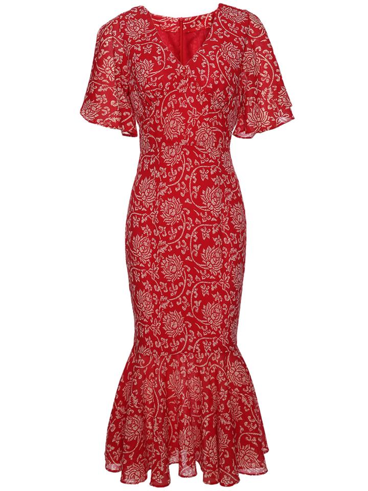 Shein V Neck Ruffle Sleeve Fishtail Print Dress