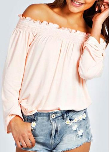 Rosewe Elastic Boat Neck Solid Pink T Shirt