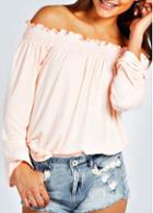 Rosewe Elastic Boat Neck Solid Pink T Shirt