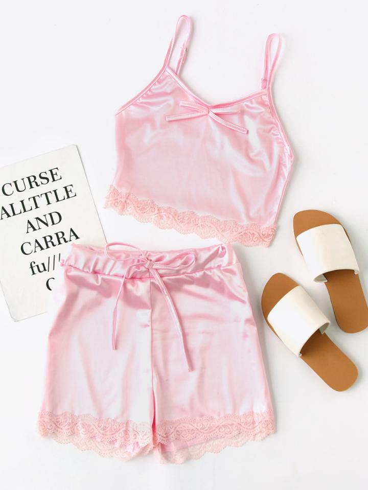 Shein Satin Scallop Lace Trim Cami Pajama Set