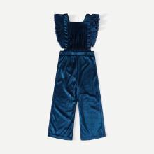Shein Girls Velvet Ruffle Trim Criss Cross Jumpsuit