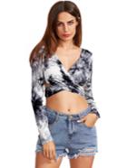 Shein Black And White V Neck Crisscross Tie Crop T-shirt