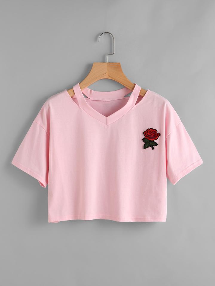 Shein Cut Out Neck Applique Crop Tee