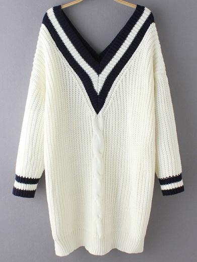 Shein White V Neck Striped Cable Knit Sweater
