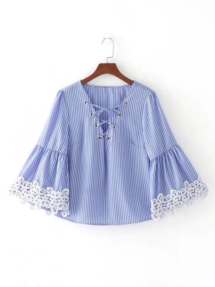 Shein Eyelet Lace Up V Neck Bell Sleeve Blouse