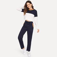 Shein Two-tone Striped Neck Pullover & Pants Set