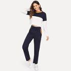 Shein Two-tone Striped Neck Pullover & Pants Set