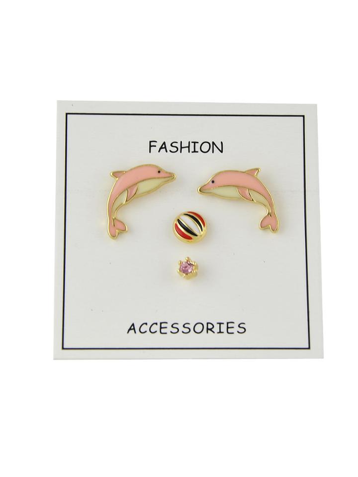 Shein 4pcs/set Pink Color Enamel Ball Round Dolphin Stud Earring
