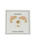 Shein 4pcs/set Pink Color Enamel Ball Round Dolphin Stud Earring