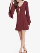 Shein Burgundy V Neck Bell Sleeve Chiffon Dress
