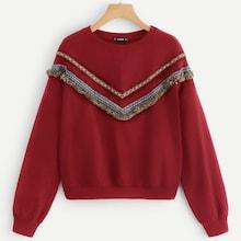 Shein Embroidered Tape & Fringe Detail Sweatshirt