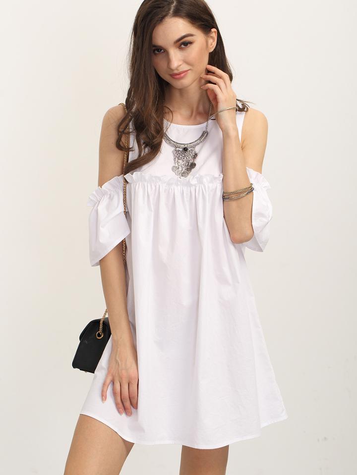 Shein White Ruffle Cold Shoulder Shift Dress