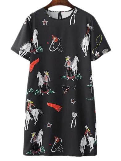 Shein Black Short Sleeve Steed Print Shift Dress