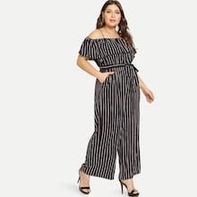 Shein Plus Open Shoulder Ruffle Embellished Striped Jumpsuit