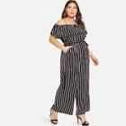 Shein Plus Open Shoulder Ruffle Embellished Striped Jumpsuit