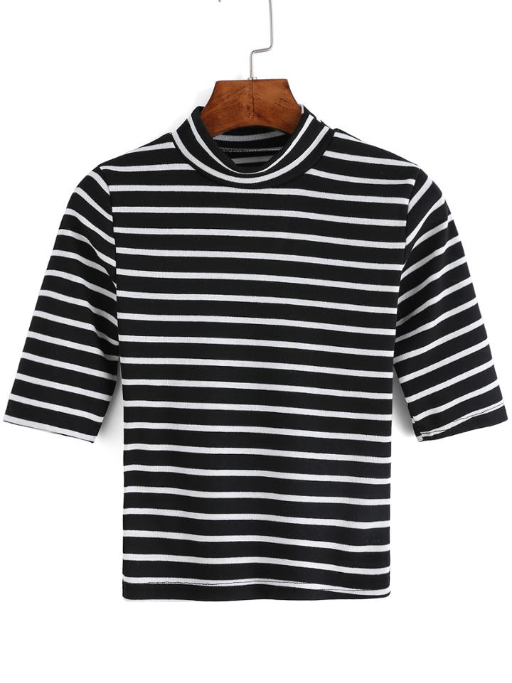 Shein Black White Stand Collar Striped T-shirt