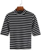 Shein Black White Stand Collar Striped T-shirt