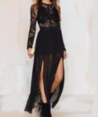 Shein Black Round Neck Backless Lace Split Dress