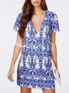 Shein Blue Short Sleeve V Neck Vintage Print Dress