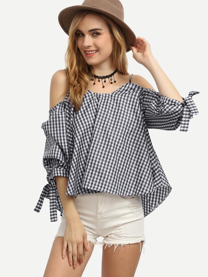 Shein Black Checkerboard Cold Shoulder Tie Sleeve Top