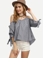 Shein Black Checkerboard Cold Shoulder Tie Sleeve Top