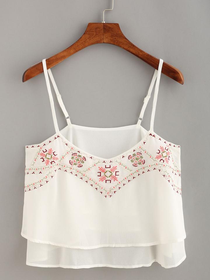 Shein Embroidery Layered Chiffon Cami Top - White