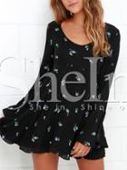 Shein Black Long Sleeve Scoop Neck Ruffle Floral Dress