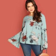 Shein Plus Flower Print Bell Sleeve Top