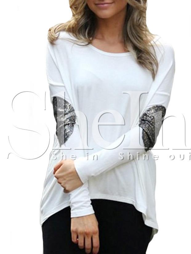 Shein White Elbow Patch Sequined T-shirt